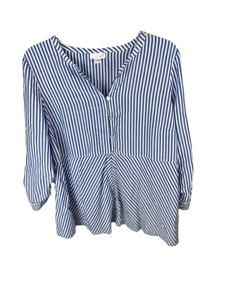 J.jill women Medium stripe Tunic Blouse Blue White Long‎ sleeve